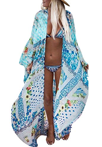 Blusa feminina de chiffon e rayon para praia, cardigã quimono, longa, saída de praia, 180 Blue, One