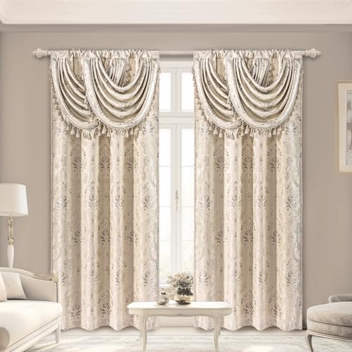 Loom and Mill Luxury Damask Curtains with Attached Waterfall Valances for Bedroom, Thick Jacquard...