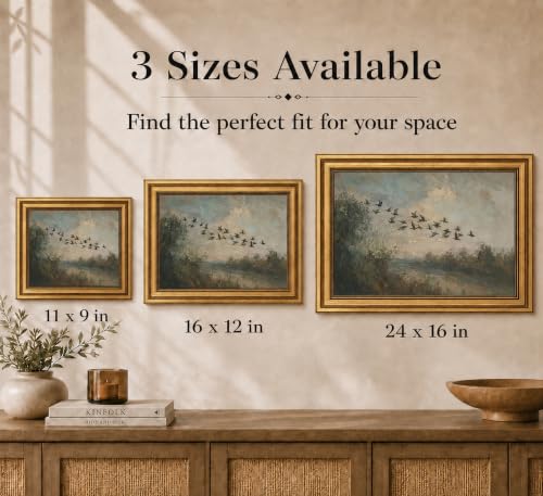 Image of Gold Framed 3D Textured Wall Art, Vintage Misty Lake Forest Flying Duck Canvas Prints, Nature Landscape Flock of birds Pictures Decor, Rustic Farmhouse Wildlife Artwork for Living Room Bedroom 12x16in