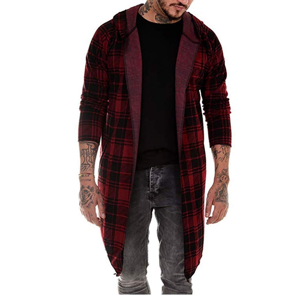 StootaMen's Regular Fit Cardigan Longline Jacket Coat, Plaid Hooded Long Sleeve Pockets Outwear Blouse Red