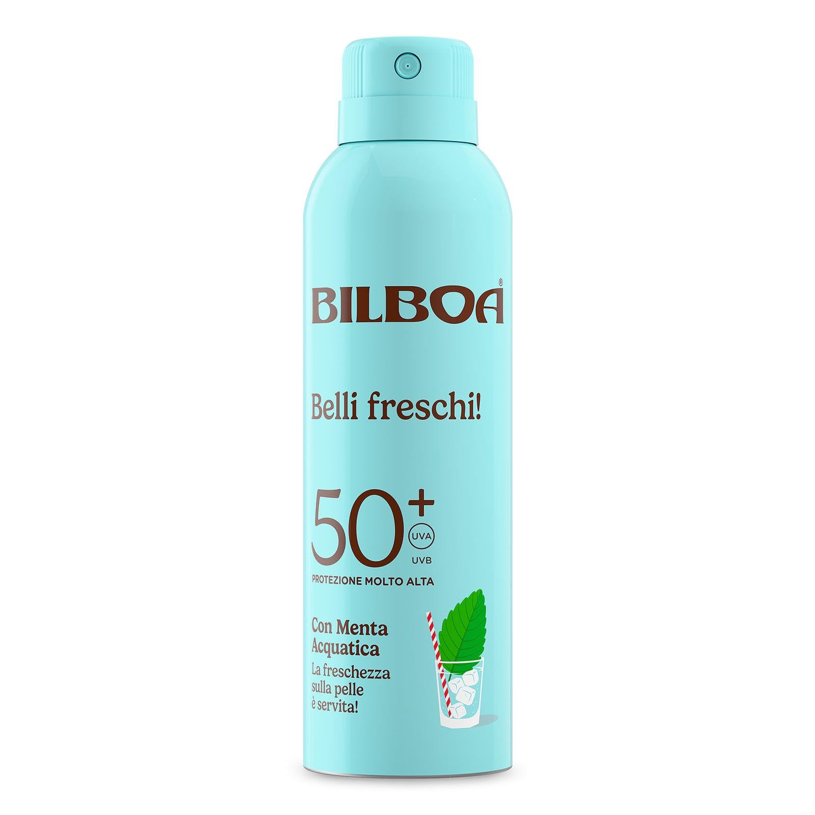 Bilboa Belli Freschi Protezione Solare SPF 50+,con Menta Acquatica, La Freschezza sulla Pelle è Servita, Resistente all'Acqua, Dermatologicamente Testata, 150 ml