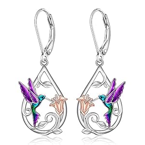 Aretes de colibrí para mujer, de plata de ley, morado, colibrí, aretes colgantes de plata de ley, conmemorativos de lindos pájaros, joyería de flores, regalos para el día de la madre