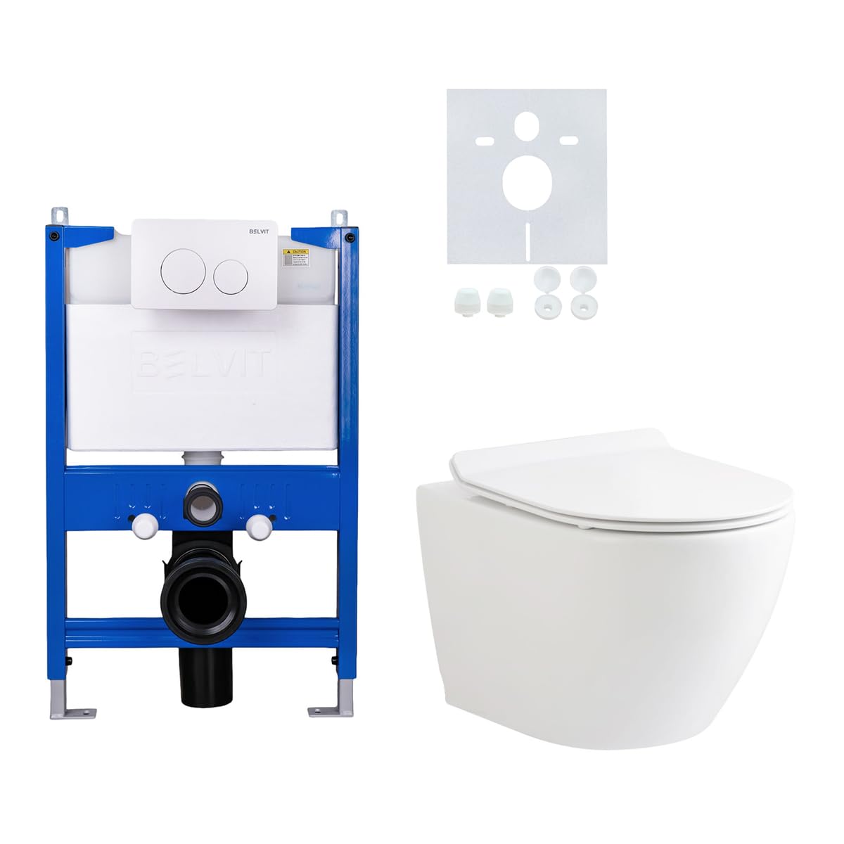 Belvit Wand-WC Komplettset, Vorwandelement 75-82 cm, Spülrandlos, Weiß