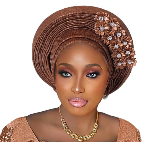 Pre-Tied Nigerian Auto Gele Head Tie African ASO Oke Headwrap Handmade Turban Hat Cap for Women Wedding Party (US Alpha One Size Brown)
