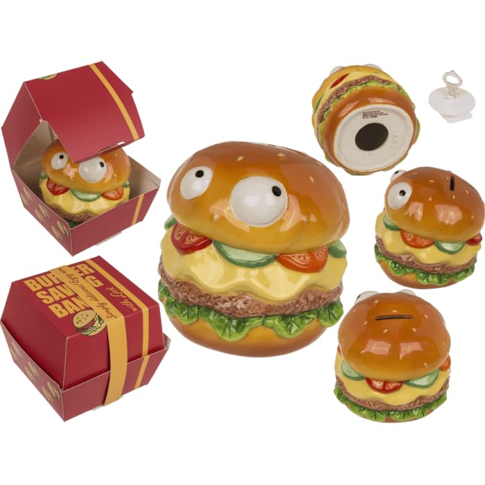 Hucha Hamburguesa de Cerámica con Ojos, Diseño Divertido, con Cerradura, 12 x 11 cm, en Caja de Regalo