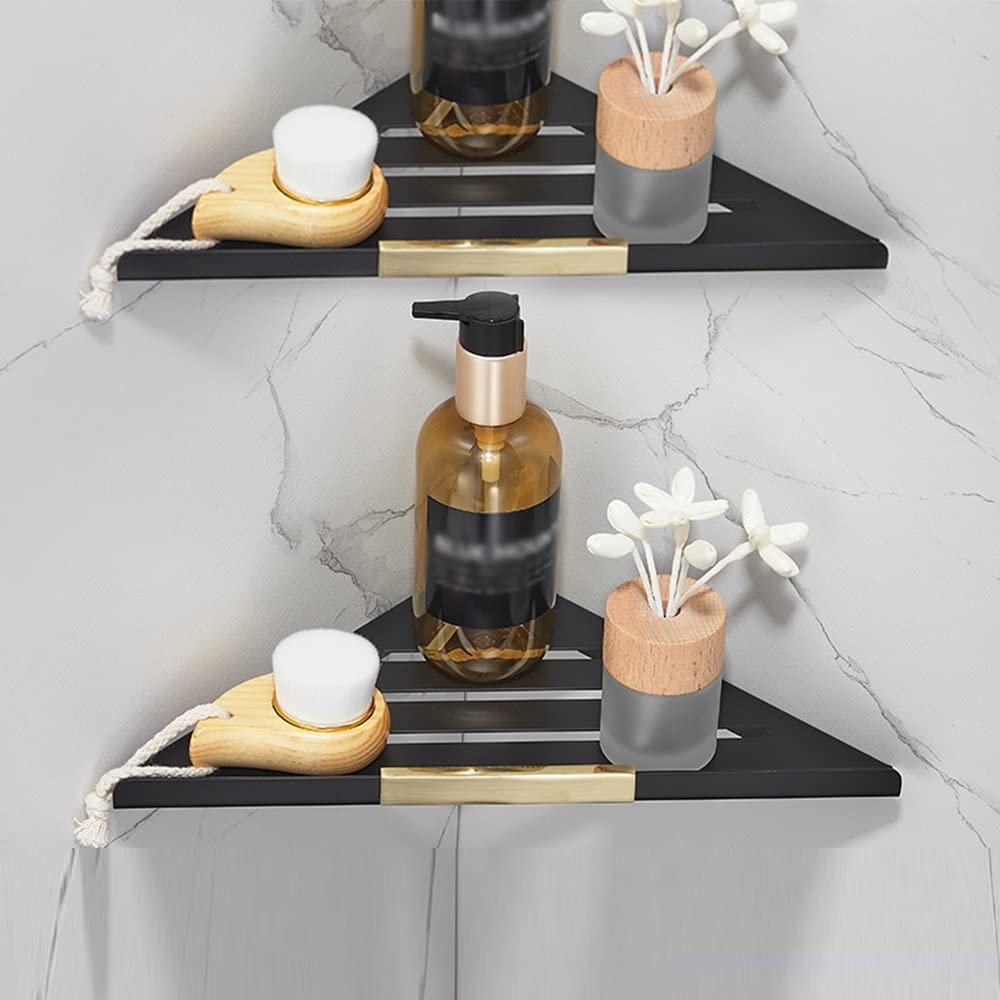 XYIANG Black Gold Corner Shower Caddy Bathroom Shelfs Floating Shelves Wall Mounted Cosmetics Shampoo Nizer Draining Rack Sturdy