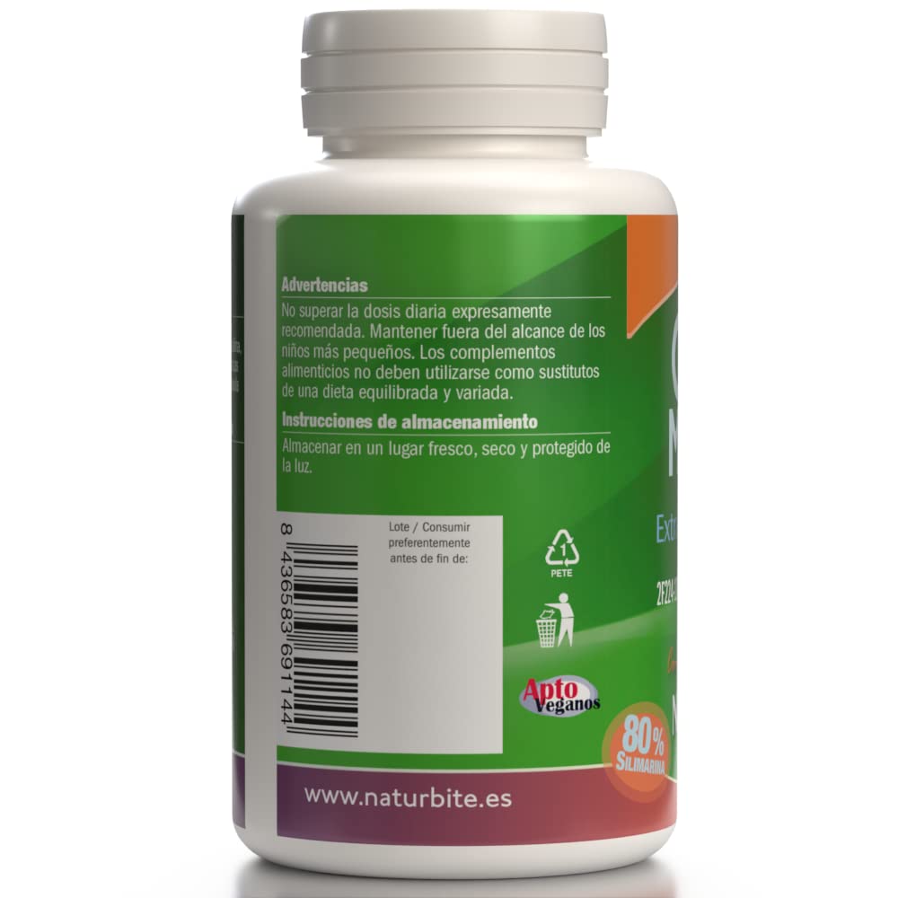Extracto de Silimarina (Cardo Mariano), 120 cápsulas de alta concentración, 80% de Silimarina, NaturBite - Efecto depurativo para el hígado - Detox potente