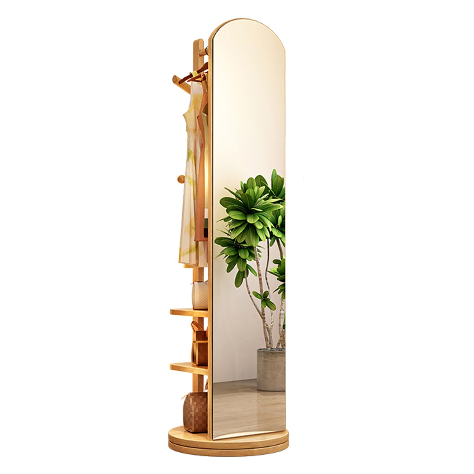 Full Length Mirror with Coat Rack, 360° Rotating Solid Wood Full Length Mirror, 2-in-1 Floor Mirrors and Coat Rack, For Bedroom, Living Room