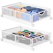 Yecaye Under Bed Storage with Wheels, 2 Pack Under Bed Shoe Storage Organizer Drawer, Tool-free Assembly Metal Underbed Storage Containers for Clothes, Shoes, White