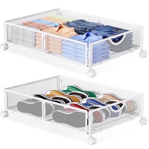 Yecaye Under Bed Storage with Wheels, 2 Pack Under Bed Shoe Storage Organizer Drawer, Tool-free Assembly Metal Underbed Storage Containers for Clothes, Shoes, White