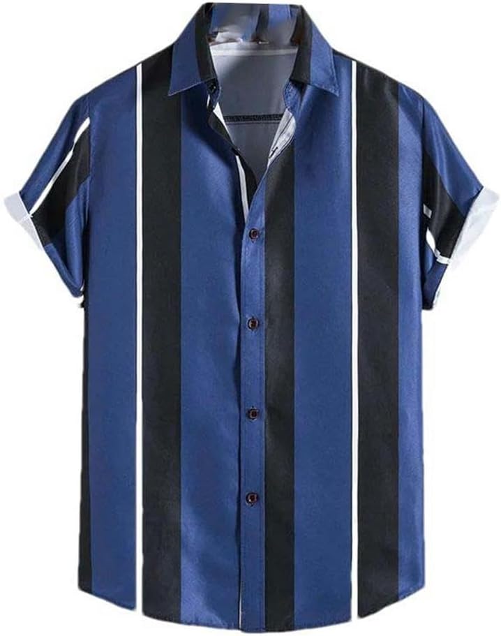 Men's Hawaiian Shirt Summer Striped Short-Sleeved Shirt Lapel Button Men's Street top