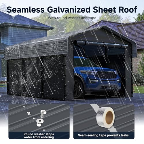 Image of 10x15FT Heavy Duty Metal Carport, Outdoor Carport Canopy with Galvanized Steel Roof and Reinforced Base,Removable Sidewalls & Door, Garage Shelter Shade for Cars,Trucks, Boats, Gray