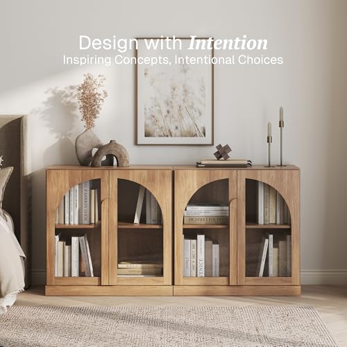 Image of BELLEZE Set of 2 Modern Sideboard Buffet Cabinets (63 inch Wide) - Large Kitchen Credenza with 4 Arched Glass Doors - Seamless Storage Console Sideboard for Kitchen, Living Room - Camel