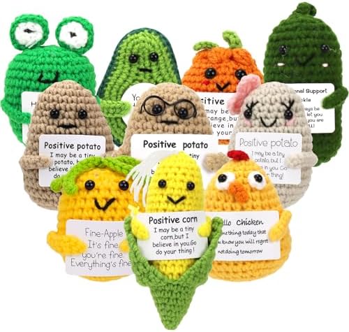10 Pcs Emotional Support Pickled Funny Gift, Emotional Support Crochet Dolls with Positive Words Card for Friends Coworker, Funny Pickle Stress Relief Handmade Knitted Birthday Gifts Home Decor