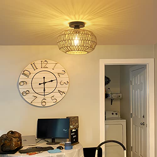 Pauful Rattan Light Fixtures Ceiling Mount,Boho Ceiling Light Fixture With Dimmable Led Bulb，Mini Hand Woven Rattan Chandelier Light Fixtures Ceiling For Bedroom Kitchen Entryway Living Room Hallway #TOP5