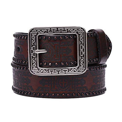 Ceinture Homme, Ceinture Masculine gravée au Laser, Rivets rétro, Boucle de Style Japonais de la Vieille Femme, Ceinture en Cuir décontracté de Style Ethnique (Color : Brown, Size : 115)