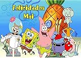 OBLEA de BOB ESPONJA personalizada con nombre y edad para pastel o Tarta, especial para cumpleaños, Medida rectangular de 28x20cm