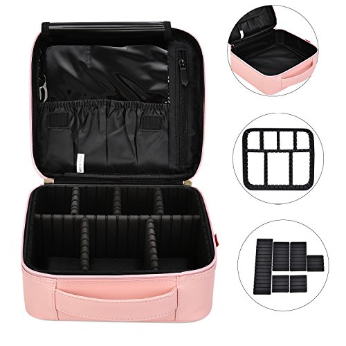NiceEbag Makeup Bag Travel Cosmetic Bag for Women Cute Makeup Case Large Leather Cosmetic Train Case Organizer with Adjustable Dividers for Cosmetics Make Up Tools Toiletry Jewelry,Rose gold