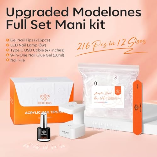 modelones X Nail Gel Kit Medium Square, 9-in-One Nail Glue with Mini UV Light 216Pcs 12Sizes Pre-Etched Press ons Fake Acrylic Extension Kit DIY Salon Gift — view 2