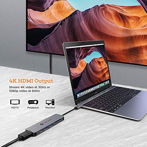 Image of NOVOO 6 in 1 USB Type C Hub with 4K HDMI, 60W USB C PD Charging Port, 2 USB 3.0 Ports, SD /TF Card Reader for MacBook Pro 2017 /2016 /2018, Huawei MateBook and More USB C Laptop and Smartphone, Grey