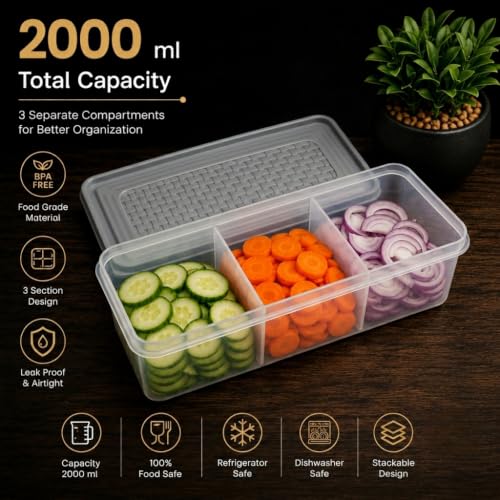 Image of MAGIC SPOON Multipurpose 3 Section Storage Container | Spice Box, Pickle Jar, Fridge Organizer, Dry Fruit, Vegetable & Kitchen Storage Container- 2000ml X 2 Pack (GREY)