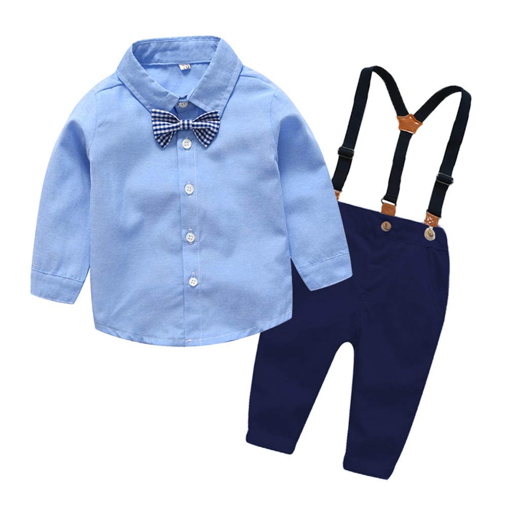 SALNIER Traje de bebé para niños pequeños, vestido de boda, formal, conjunto de ropa de caballero, camisa, corbatín, tirantes y pantalones