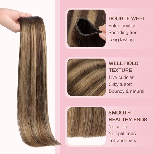 Image of GOO GOO Sew in Hair Extensions Real Human Hair, Weft Hair Extensions Human Hair, 4 /27 /4 Balayage Chocolate Brown to Caramel Blonde 24inch 120g, Weft Bundles Straight Silky Remy Hair