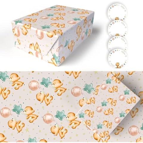 Teddy Wrapping Paper Set - 4 XXL Fully Recyclable Sheets and Tags (80cm x 64cm) - Luxury Recycled Kids Wrapping Paper for Boys, Girls and Baby Gifts Cover
