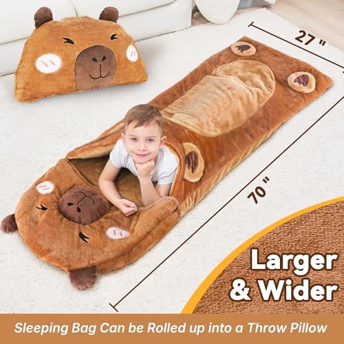 iPlay, iLearn Kid Sleeping Bag, Plush Capybara Slumber Bag, Toddler Girl Boy Nap Mat, 2 In 1 Brown Animal Pillow, Happy Travel Sleepover Daycare Preschool Birthday Gift for Age 3 4 5 6 7 8 10 12 Child - Image 3