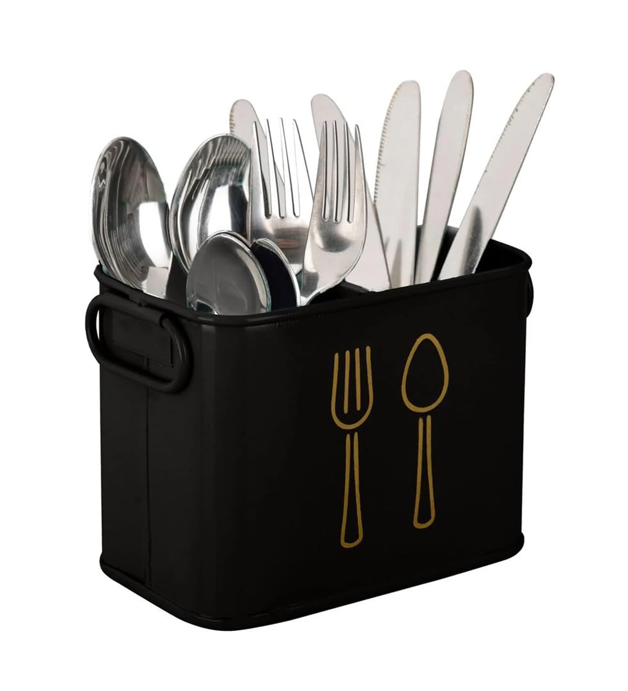 C (DEVICE) Metal Kitchen Utensil Holder Caddy – Flatware Organizer with Gold Fork & Spoon Design – Dual-Compartment Cutlery Holder for Countertop – Compact Storage for Spoons, Knives, Forks (Black)