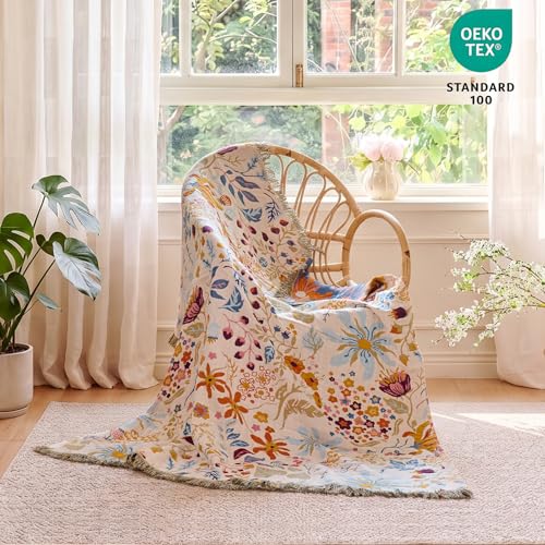Image of MSGKV Boho Throw Blanket 50 inchx60 inch 100% Cotton Floral Blanket Couch Decor