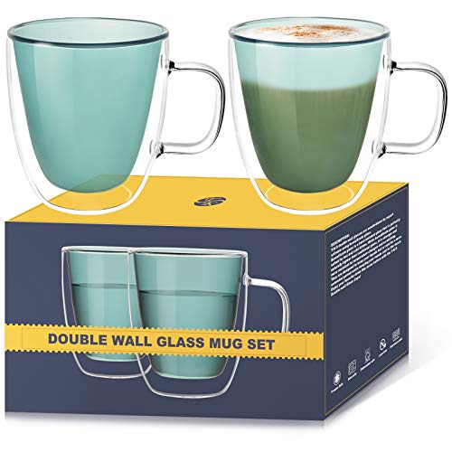 TKS Colored Double Wall Glass Coffee Mugs,Glass Coffee Mugs,Double Walled Glass Tea Cups With Handle-11.8oz, Coffee Mug for Women and Men Gifts, Clear Green(Cappuccino Tea Latte Glassware),Set of 2