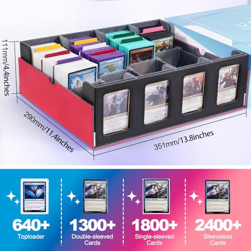 Image of UAONO Trading Card Storage Box with Commander Display; 2400+ Deck Box for MTG with Removable Cover; Top Loaders Card Case fits Magic TCG PTCG Sports Cards; 24 Dividers, 4 Stoppers (Red, White)