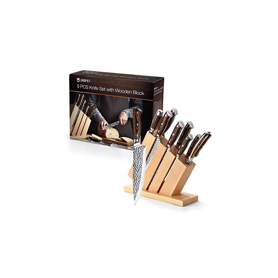 Jourmet-Knife-Set-with-block-9PC-High-Carbon-Stainless-Steel-Knife-Set-with-Pakka-Wood-Handle-and-Beech-Wood-Block Jourmet Knife Set with block, 9PC High Carbon Stainless Steel Knife Set with Pakka Wood Handle and Beech Wood Block, Kitchen Knife Set with Block for Home and Restaurant