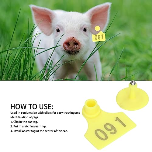 100 conjuntos de etiquetas de orelha de animais numeradas de plástico amarelo para criação agrícola