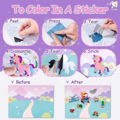 Image of Storio DIY Art & Craft Activity Toys - Foil Art Dream Set with Unicorn & Princesses| Non Messy Creative Activity Supplies| Best Gifts for Girls & Boys Ages 4, 5, 6, 7, 8, 9| Toys for Travel
