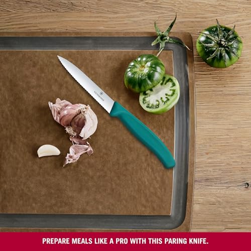 Image of Victorinox Swiss Made Stainless Steel Swiss Classic Paring Knife, 10 cm, Serrated Edge with Pointed Tip, Professional and Household Kitchen Tools, Kitchen Items, Green, 6.7734.C1 | Multipurpose Knife