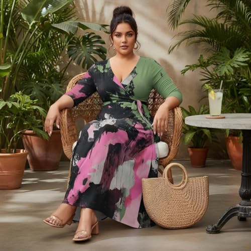 Image of PinkPatty Plus Size Maxi Dress for Women 3 /4 Sleeve Casual Long Dress | Soft stretchy fabric, functional pockets, flattering wrap v neck for vacation, casual wear and everyday styling