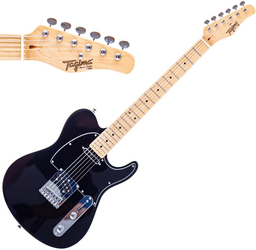 Imagem frontal diagonal da guitarra elétrica Tagima Telecaster Classic T-550 na cor preta, com braço em escala clara e detalhes cromados