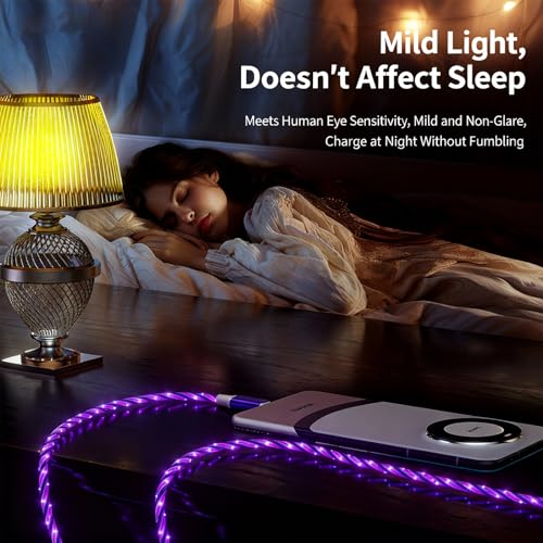 Image of AYI USB C to A Charging Cable 3.3ft, LED Glowing Starry Sky Light-Up Cord, PVC Tangle-Free Fast Charging Cable with Smart Chip, Data Transfer Sync Cord for USB-C Devices, Purple.