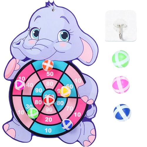 Image of Dart Game for Kids, Indoor Games for Kids with Sticky Balls, Target Board Game for Hand-Eye Coordination, Fun Gift for Boys Age 8-10 Years, Soft Board with 3 Balls and Purple Elephant Hook