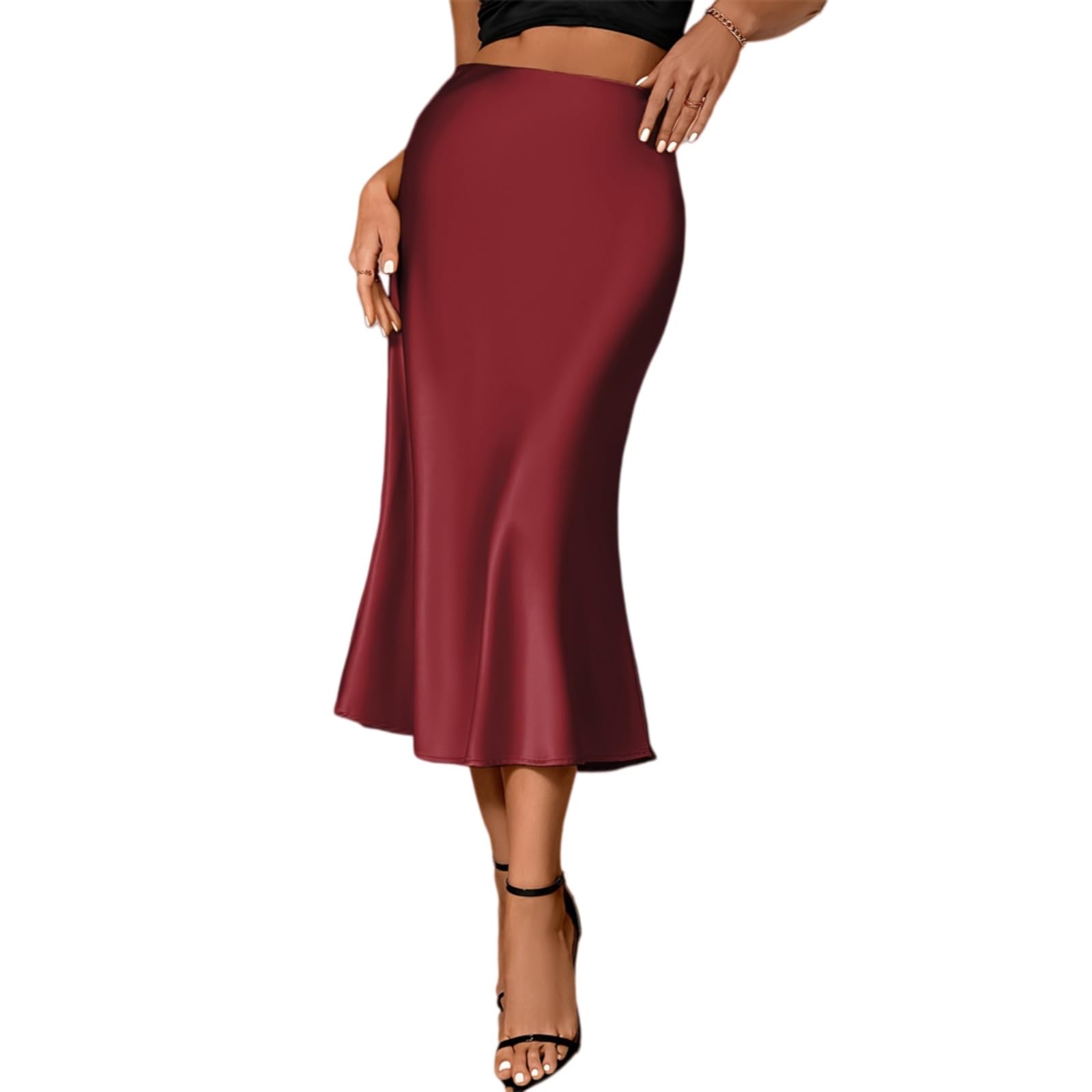 Minifalda Falda Elegante De Las Mujeres Satén Midi Plisado Fluyente A-línea Cintura Alta Elástica Oficina Casual Chic Vestido Moda-ekf068-2-l