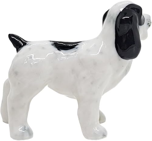 Miniatura 6 de WitnyStore Pequeña figura de perro cocker spaniel inglés de pie de 2 pulgadas de largo, color blanco y negro, hecha a mano, hecha a mano, con orejas