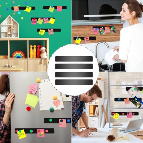 Image of Climberty 4 Pack Stainless Steel Magnetic Board Strip Memo Message Magnetic Board with 20 Pcs Color Magnets Self Adhesive Notice Bulletin Bar Board for Home, Office, Photo Wall, Fridge - Black