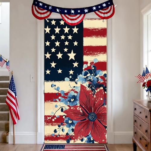 Image of BlissYard 4th of July Door Cover 71x35 Inch Patriotic Front Door Cover American Flag Memorial Day Decoration July 4th Door Cover Banner Large Fourth of July Outdoor Porch Decor