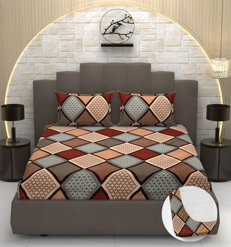 Image of Premium Heavy Cotton Elastic Fitted Bedsheets with 2 King Size Pillow Covers | Double Bed with All Around Elastic 350 TC | 72 x 72 x 10 Inch Queen Size Fitted | :- Multi Box