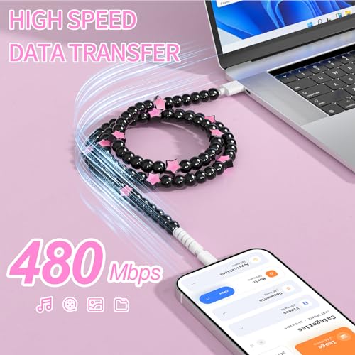 Image of VOFUOE USB C Cable for iPhone 17 Charging Cable USB A to USB C Cable Star Beads Charging Cord 3.3FT Fast Charging Cable for iPhone 16 /15, Galaxy S24 /S25 Ultra, for iPad 11th /10th-Black & Pink