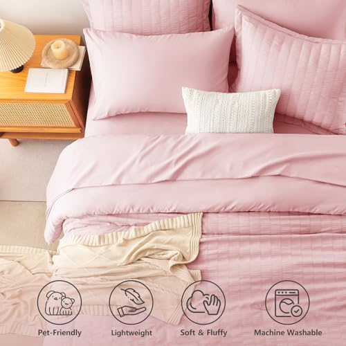Image of CozyLux Full Size Comforter Sets Pink, 7 Pieces Seersucker Textured Luxury Bed in a Bag, All Seasons Soft Bedding Sets with Down Alternative Comforter, Sheets, Pillowcases & Shams, Bedroom Bed Set