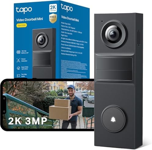Tapo D205 2K 3MP Battery Doorbell Wireless, No Monthly Fee,160° F...