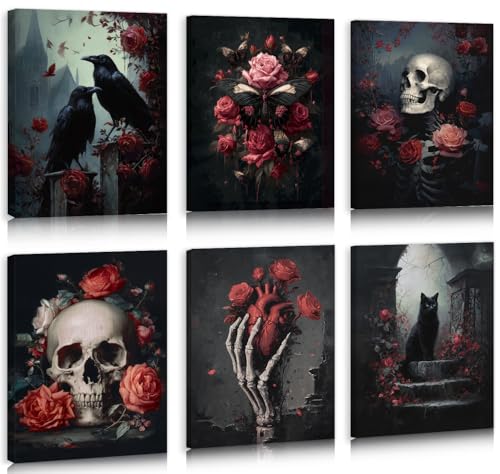 HPNIUB Vintage Skull Halloween Floral Framed Canvas Wall Art, Set Of 6 Piece (8x10inch,Framed) Skeleton&Black Cat Wall Decor, Moody Dark Rose Print Artwork for Living Room,Halloween Party Decoration